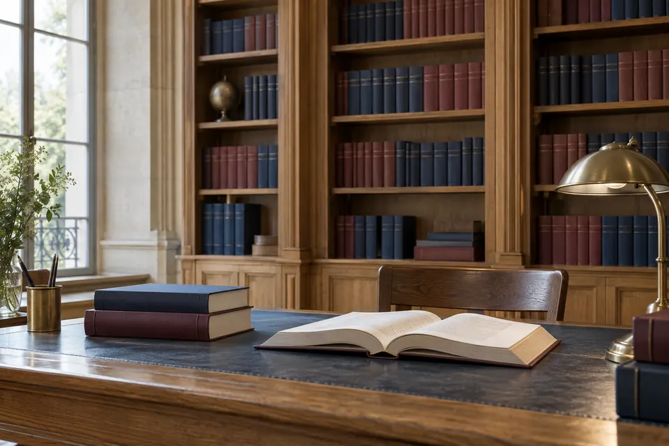 Ouvrages dans une bibliothèque juridique fictive — illustration générée par IA