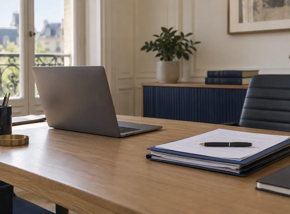 Ordinateur portable et dossier sur un bureau — illustration générée par IA
